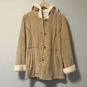 Marvin Richards Women's Tan Hooded Leather Coat with Faux Fur Trim
